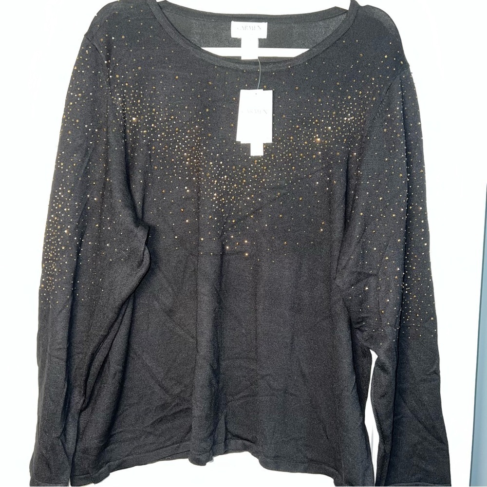 NWT Carmen Marc Valvo Woman Gold Studded Black Sweater Size 3X